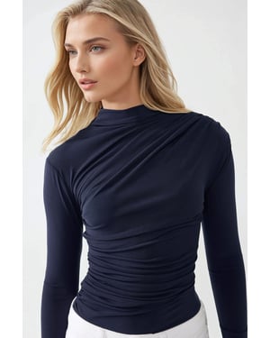 Hoge Kraag Drapé Detail Blouse