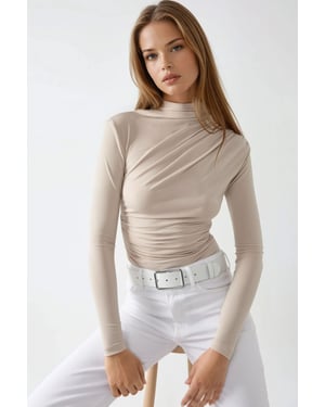 Hoge Kraag Drapé Detail Blouse