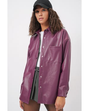 Oversized Faux Leather Lange Mouwen Overhemd met Knopen en Zak