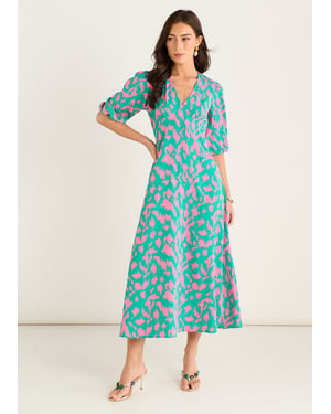 Groene midi-jurk met V-hals en dierenprint