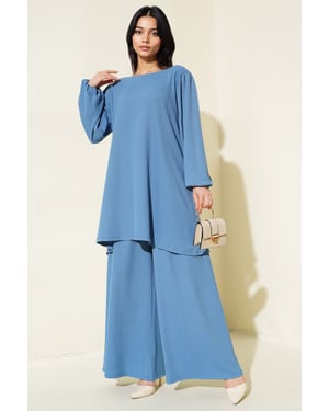 Gestructureerde Tuniek met Lange Mouwen en Wijde Broek Set