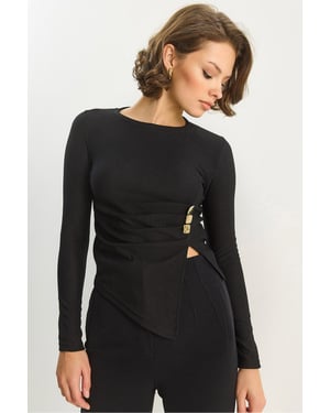 Ronde Hals Lange Mouwen Blouse met Accessoire Detail