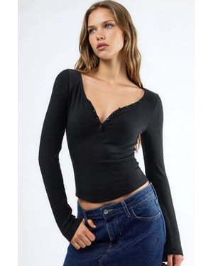 Knoopkraag Lange Mouw Elastische Blouse