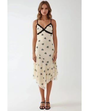 V-hals Gedrukte Bodycon Maxi Jurk met Kantdetails