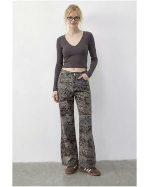 Hoge Taille Paisley Print Rechte Spijkerbroek
