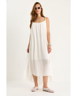 Effen Spaghetti Band Muslin Midi Jurk met Doorzichtige Zoom