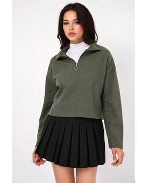 Ontspannen Fit Crop Sweater met Ritskraag