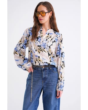 Bloemdruk Lange Mouw Mandarin Kraag Blouse