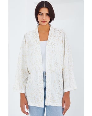 Geprinte Pompom Afwerking Sjaal Kraag Kimono