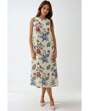 Linnen Voel Mouwloze Crew Neck Midi Jurk