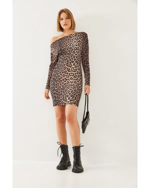 Asymmetrische Kraag Luipaardprint Mini Jurk