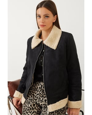 Faux Suède Zip-Up Jas met Sherpa Rand