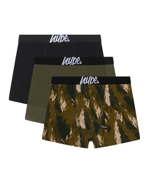 3-Pack Jongens Boxers Zwart, Olijf & All Over Print Zachte Ademend Ondergoed