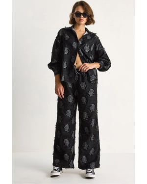 Geborduurd Overdimensionaal Shirt en Brede Pantalon Co-Ord Set