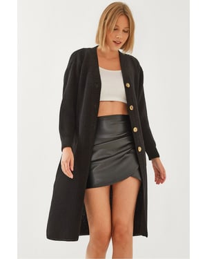 Gestructureerde Lange V-hals Knopen Cardigan
