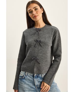 Ronde Hals Gebreide Cardigan met Strikdetail