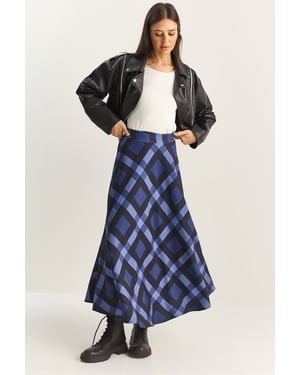 Hoge Taille Midi Rok in Geruit Patroon