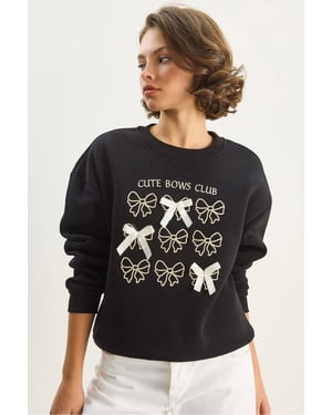 Geribbelde Bedrukte Ronde Hals Lange Mouwen Sweatshirt