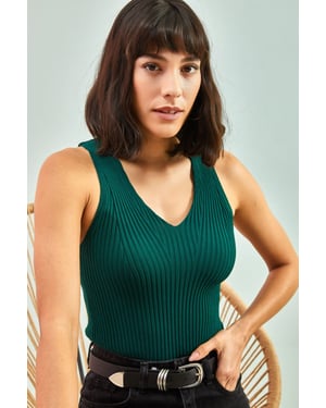 Aangesloten V-hals Geribbelde Cropped Blouse