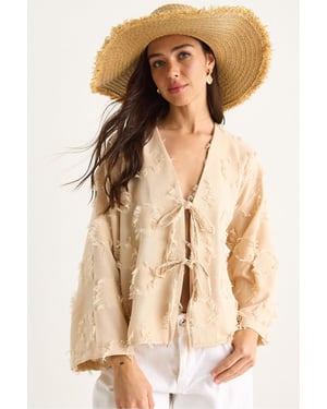 Geborduurde V-hals Textuur Kimono met Rimpels