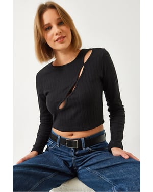 Gestreepte Rib Crop Top met Uitsnijding