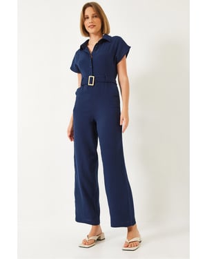 Lange Poplin Jumpsuit met Hemdnek en Knopsluiting