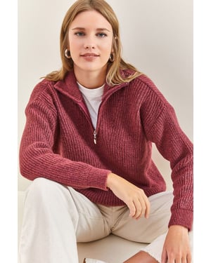 Oversized Textured Knit Trui met Ritskraag