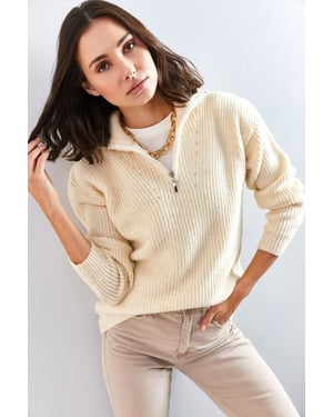 Oversized Textuurgebreide Trui met Ritskraag