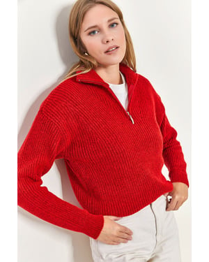 Overmaatse Textuur Gebreide Trui met Ritskraag