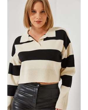 Gestreepte Polo Kraag Ribbelt Crop Trui