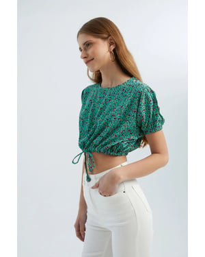 Bloemige Ronde Hals Trekkoord Crop Top