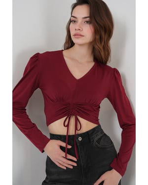 Gestructureerde V-hals Crop Top met Rimpeldetail