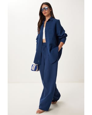 Hoge Taille Wijde Pijpen Twee-delige Co-ord Set met Shirtkraag