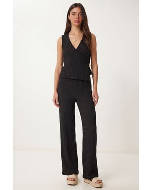 Gestructureerde V-hals Hoge Taille Co-Ord Set met Wijde Pijpenbroek