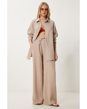 Hoge Taille Brede Pijpen Twee-Delig Co-ord Set met Kraag