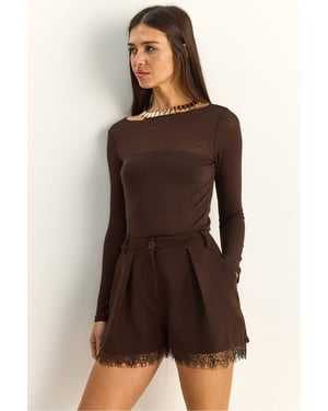 Hoge Taille Wijde Pijp Korte Broek met Kantdetails