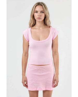 Slim Fit Ribbel U-Hals Blouse