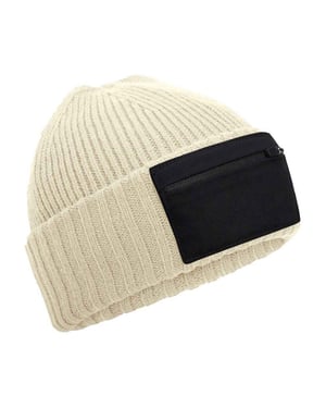 Beechfield Zip Patch muts (Zand/Zwart)