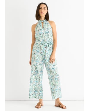 Blauwe jumpsuit met bloemenprint en halternek