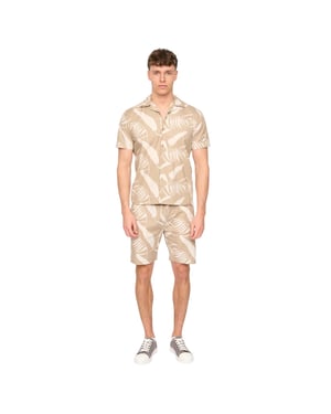 Duck and Cover Heren Hopkinton Tropische Bladeren Ademend Shirt en Shorts Set (Licht Steen)