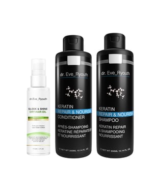 Keratine Herstel & Voeding Shampoo 300 ml + Keratine Herstel & Voeding Conditioner 300 ml + SLIK & GLANZEND DROGE HAAROLIE 60 ML