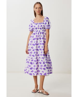 Fruity Abstract Print A-Lijn Midi Jurk met Vierkante Kraag