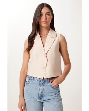 Mouwloze Linnen Schalencollar Cropped Vest