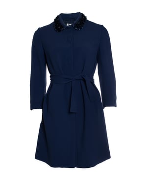 Miu Miu, blauwe jas met riem en geborduurde kraag