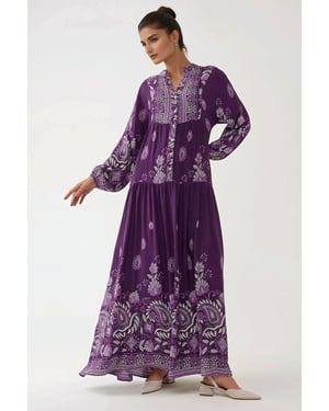 Gedrukte Lange Mouwen Viscose Maxi Jurk