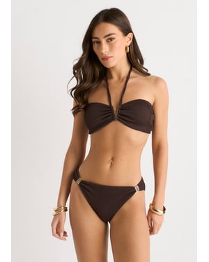 V-vormige halternek-bikinitop met chocoladekleurig reliëf