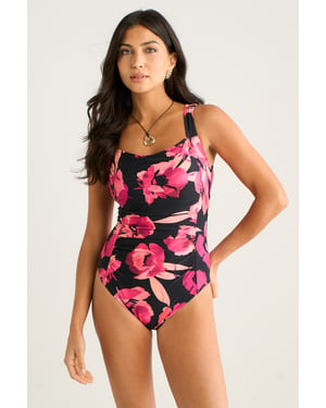 Bruin badpak met bloemmotief en ringdetails