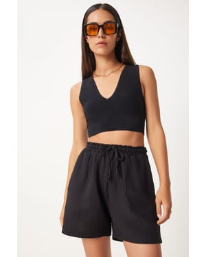 Hoge Taille Wijde Been Katoenen Shorts