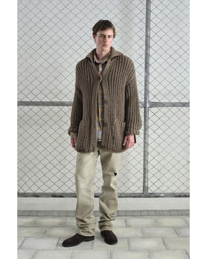Oversized Geribbelde Breisels Cardigan met Hoge Hals en Zakken