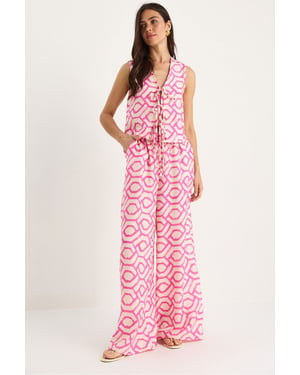 Geometrische V-hals Lange Tuniek en Wijde Pantalon Set